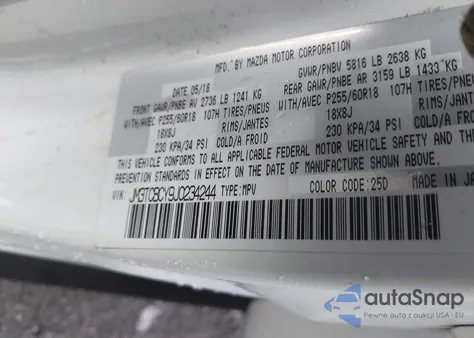 2018 Mazda Cx-9 Touring z USA, uszkodzony, nr VIN JM3TCBCY9J0234244